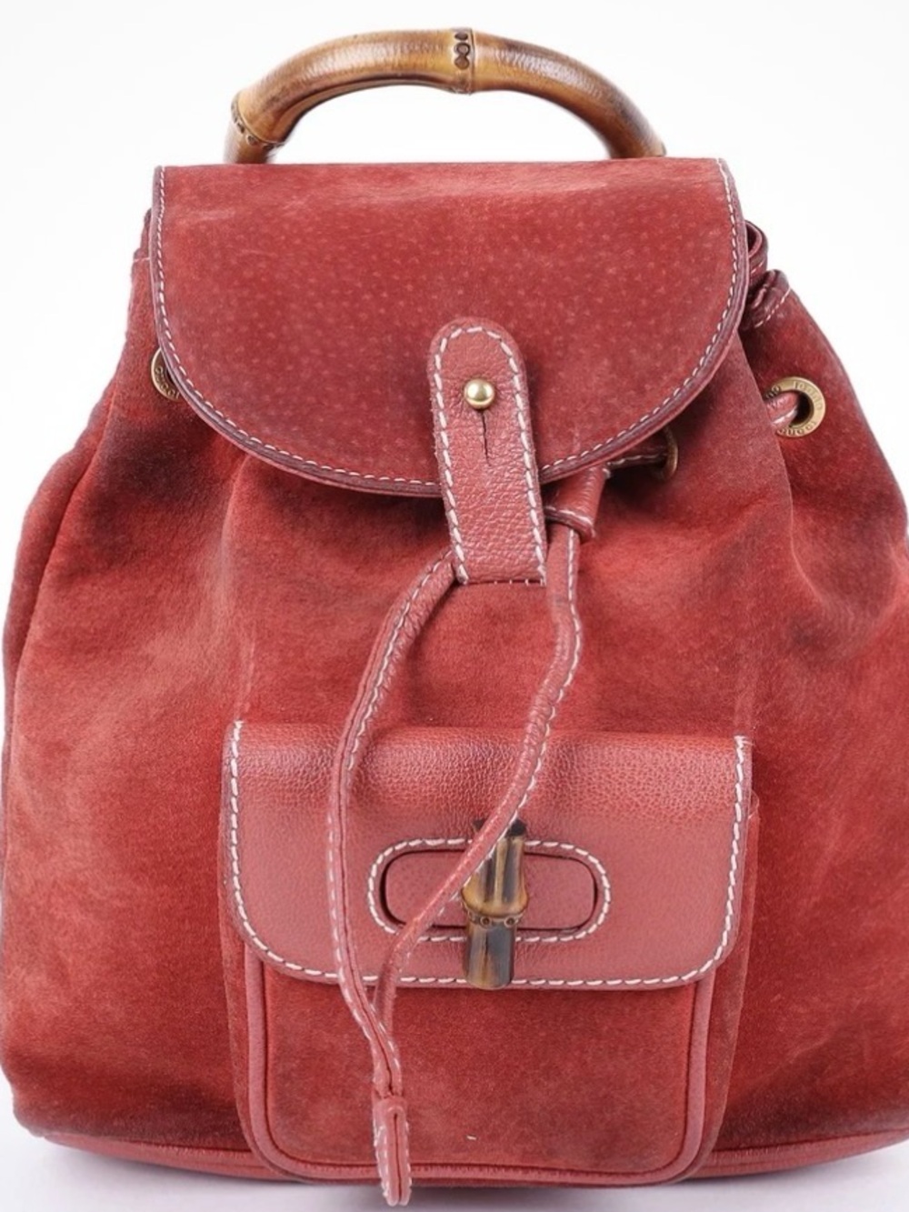 GUCCI /// Red Suede Drawstring Backpack with Bamboo Handle *VINTAGE*